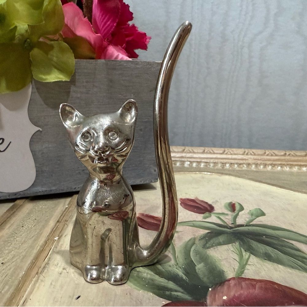 Vintage Silver Tone Kitty Cat Ring Holder